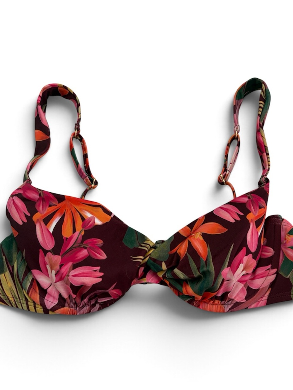 NWT Shade & Shore Burgundy Tropical Print Twist Front Bikini Swim Top 34D